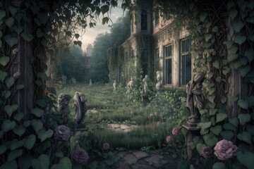An overgrown garden with statues and a dilapidated mansion in the background.