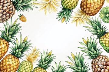 Hand-Drawn Pineapple Pattern for Tropical Decor and Fashion with Copy Space on the Right Side for Text Overlay and Branding Opportunities in Natural Sketch Style
