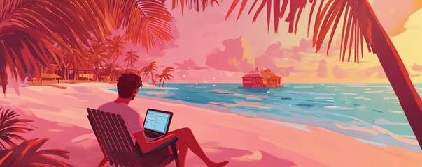 Digital nomad lifestyle, laptop on tropical beach, relaxed work setting, flat design illustration