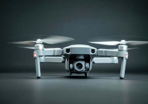 Sleek modern drone in motion with blurred rotors on dark background