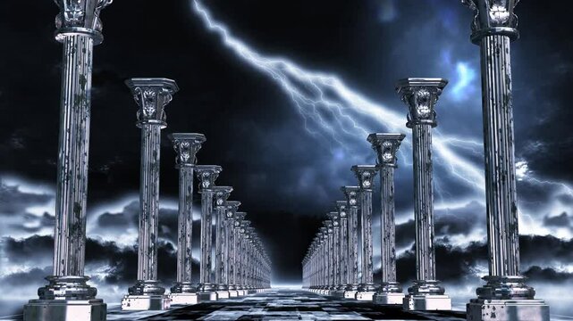 classic pillar pathway on dark thunderstorm sky with lightning strike, vj loop suitable for performance concert background 