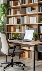 Modern home office with a desk, laptop, chair, and a bookshelf filled with books.