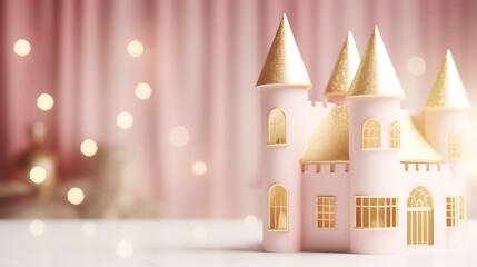 Miniature Pink Castle with Golden Towers and Windows