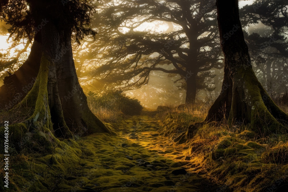 Poster A misty forest path winds through the woods  sunlight filtering through the dense canopy.