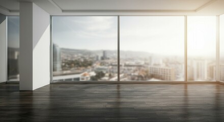 Fototapeta premium Spacious modern empty room with large windows overlooking cityscape