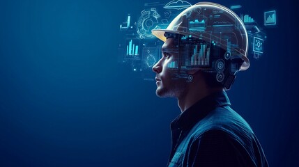 Construction engineer wearing helmet with futuristic augmented reality holographic interface, analyzing graphs and diagrams