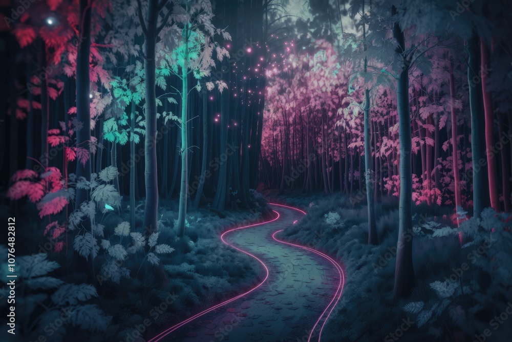 Poster a winding path through a dreamy forest with glowing lights.