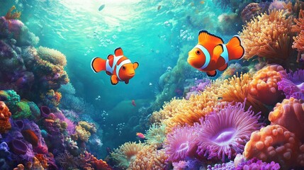 Obraz premium Lone clownfish swimming in a colorful coral reef, surrounded by soft sea anemones, creating a stunning underwater image