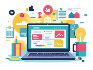 Digital meeting on laptop, remote work environment, virtual collaboration, flat design illustration