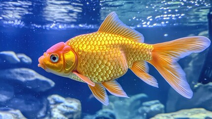 Fototapeta premium Majestic goldfish with vivid fins and scales swimming in a clear, still blue aquarium, providing a close look at its intricate details