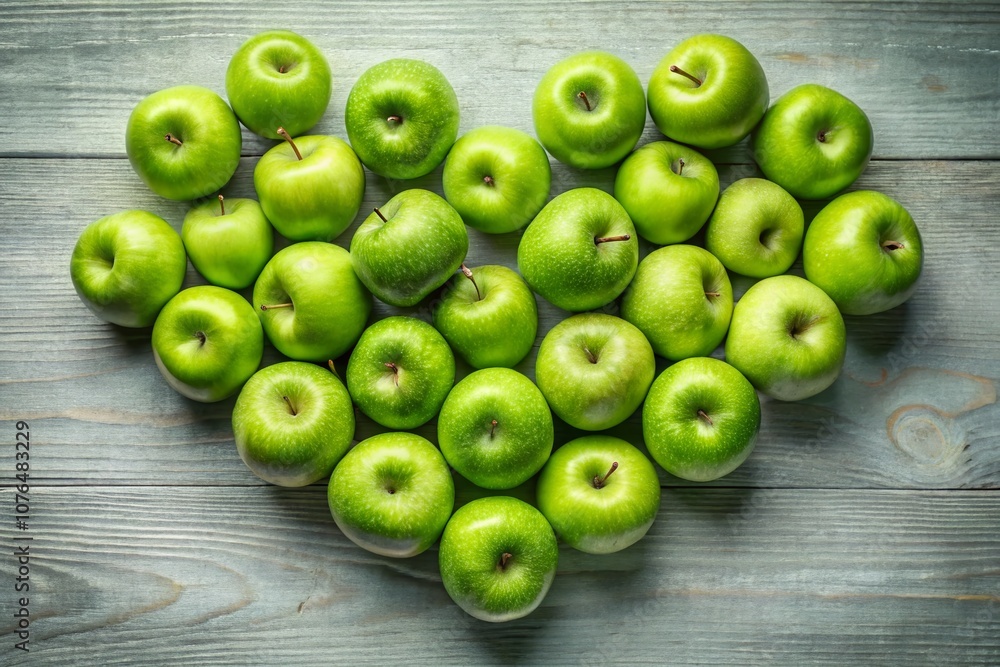 Poster heart-shaped arrangement of fresh green apples on a clean background with ample copy space for text 