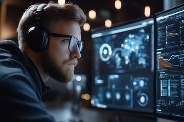 Tech Enthusiast Analyzes Data on Dual Monitors