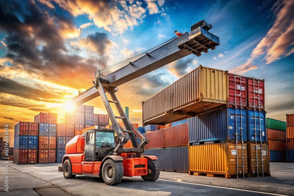 Poster high depth of field capture of a reach stacker unloading containers from a truck in a busy container