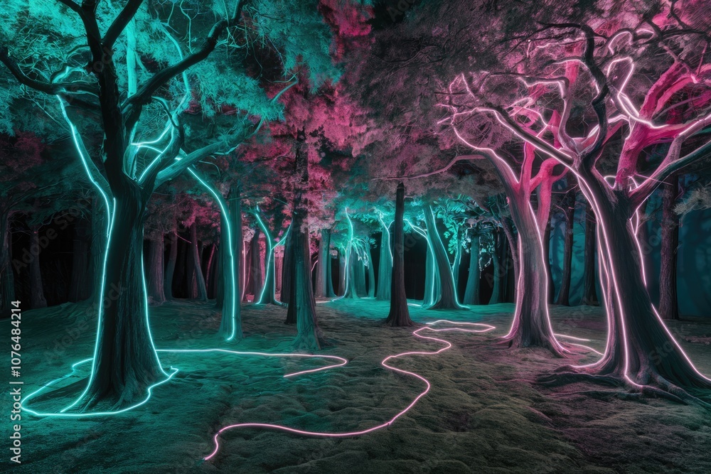 Poster enchanted forest with neon lights illuminating trees