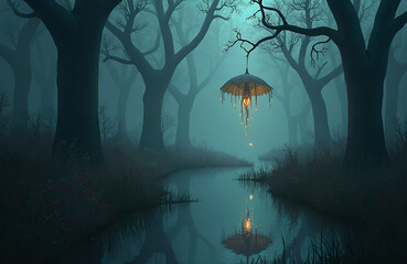 a will-o'-the-wisp floating over a swamp, with eerie trees and mist, soft, glowing light, mysterious atmosphere.  