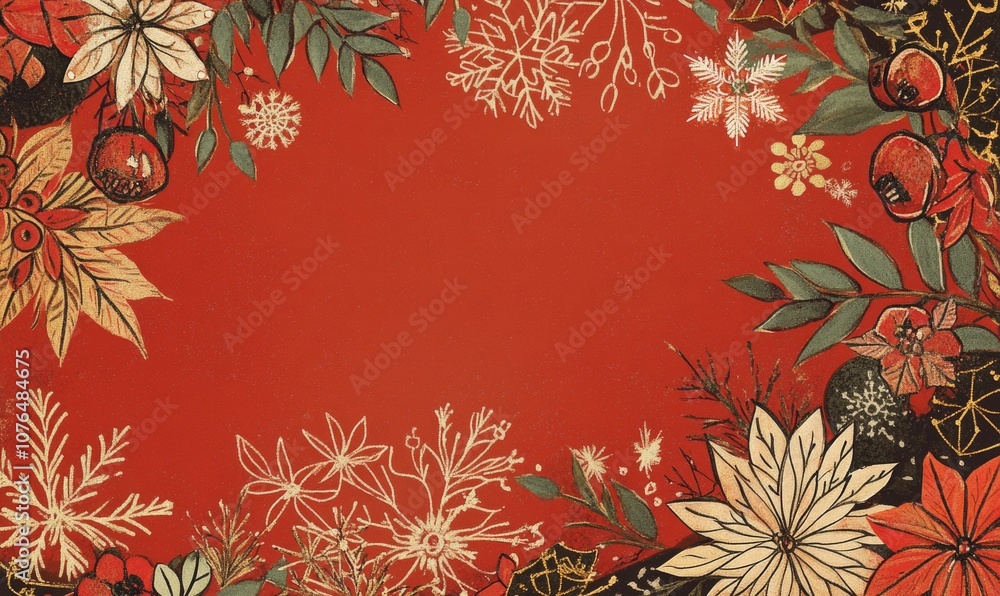 Poster a red background with a flowery border and a snowflake in the middle