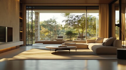 Fototapeta premium A modern living room with a large sectional sofa and a view of a patio with lush greenery through large windows.