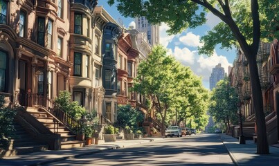 Obraz premium A street scene with a row of brown buildings and a tree in the middle