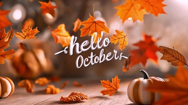Autumn scene with text hello October amidst falling leaves and pumpkins