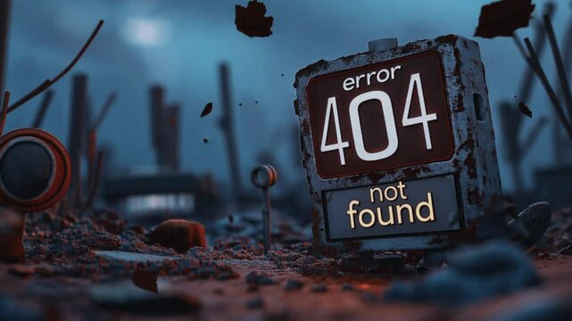 illuminated error 404 sign in a desolate digital landscape. futuristic technology failure concept art.