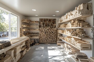 Organized Wood Storage Room with Various Timber Pieces and Shelving