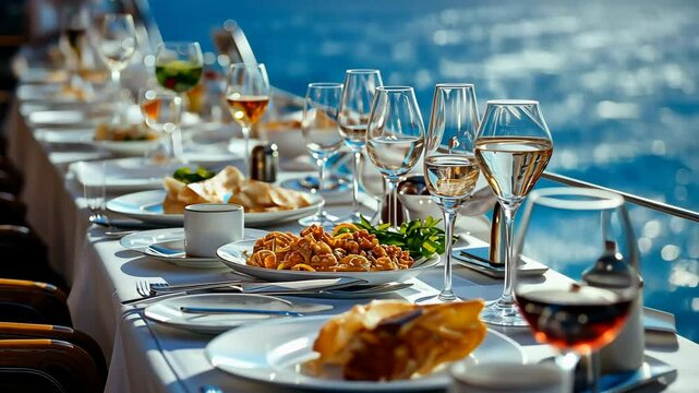Elegant outdoor dining table with gourmet dishes and wine glasses by the water, luxury dining experience for celebration, travel, and culinary enjoyment