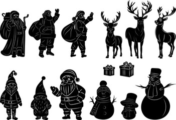 set of silhouettes christmas, santa, deer, snowmen