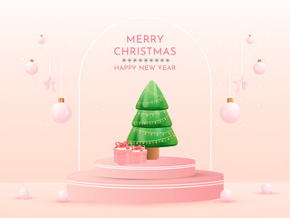 Merry Christmas 3d pedestal podium background with xmas tree, gifts and decoration vector illustration.