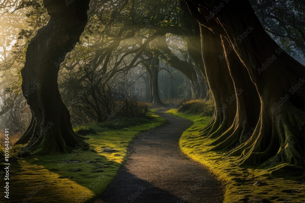 Aufkleber a winding path through a mossy forest with sunbeams shining through the trees.