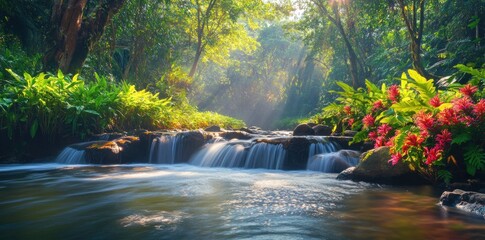 Tranquil Waterfall in a Lush Rainforest