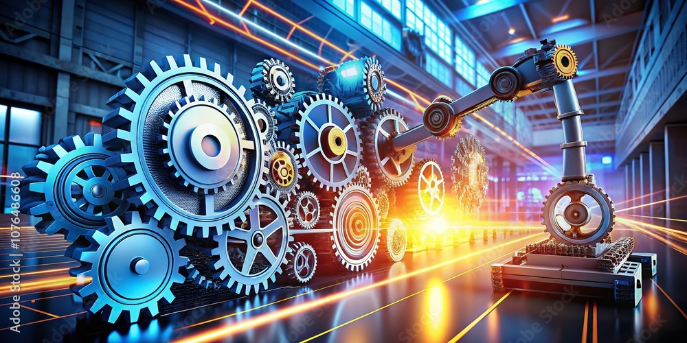 Poster illustration of gears and robots representing automation and productivity in business with long expo