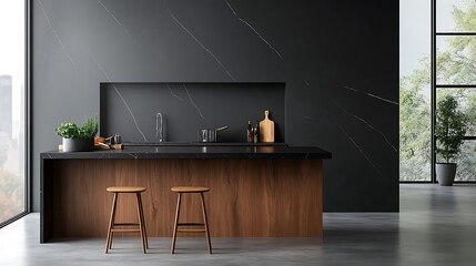 Modern kitchen with black marble countertops and wooden cabinets.