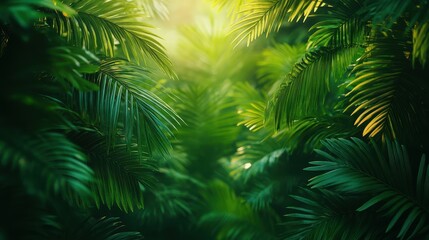 Sunlight streams through the dense foliage of the forest, casting a warm glow on the vibrant green leaves. The peaceful atmosphere invites exploration and reflection