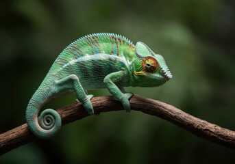 Obraz premium Vibrant green chameleon on branch in tropical forest