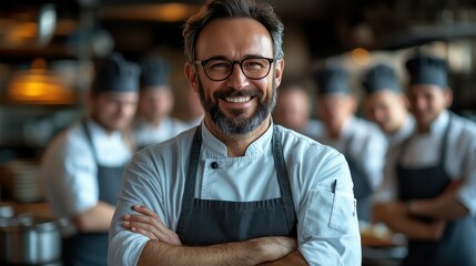 Obraz premium A chef smiles confidently, arms crossed, in a vibrant kitchen filled with activity. Behind him, team members work diligently to prepare dishes for dinner service