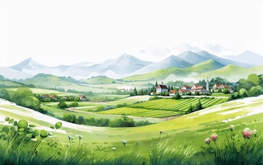 Obraz premium A serene landscape featuring rolling hills, mountains, and a quaint village in the distance.