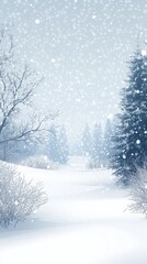 Vertical Snowy background with snowflakes falling, creating an atmosphere of magic and wonder for Christmas cards. The blue sky is adorned with delicate white pine branches that surround the scene. 
