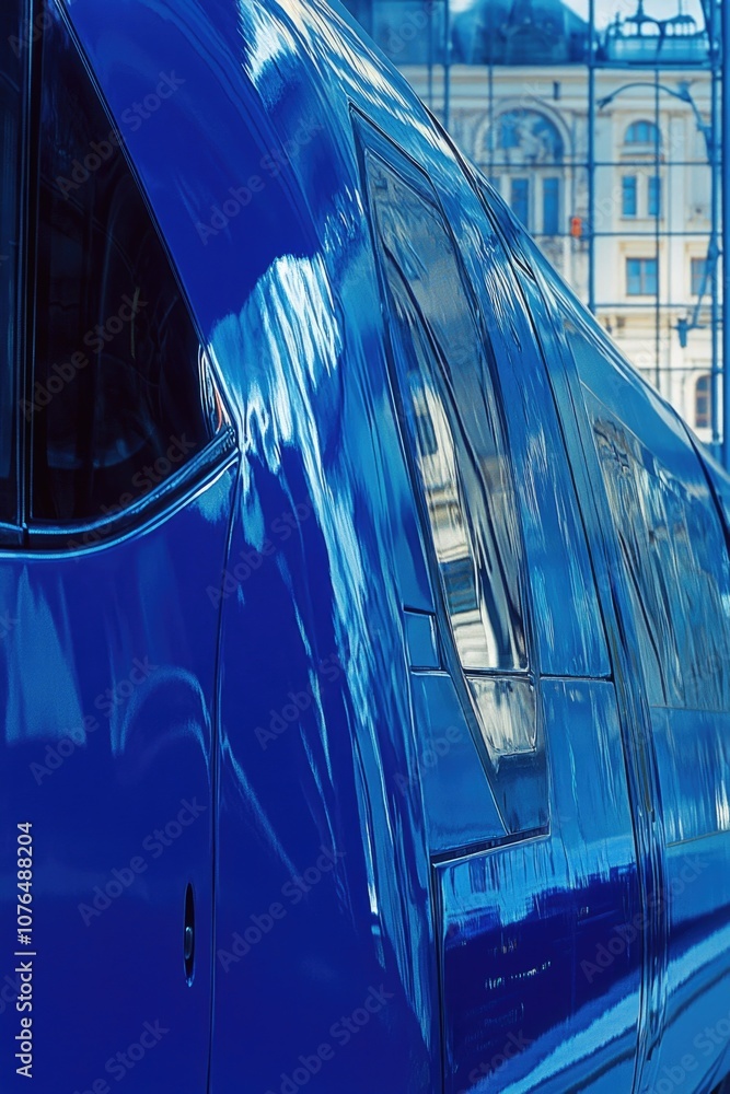 Poster a close-up view of a blue train on a track, perfect for transportation or infrastructure-related pro