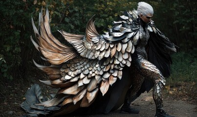 Fototapeta premium A woman in a costume with a winged cape is posing for a photo
