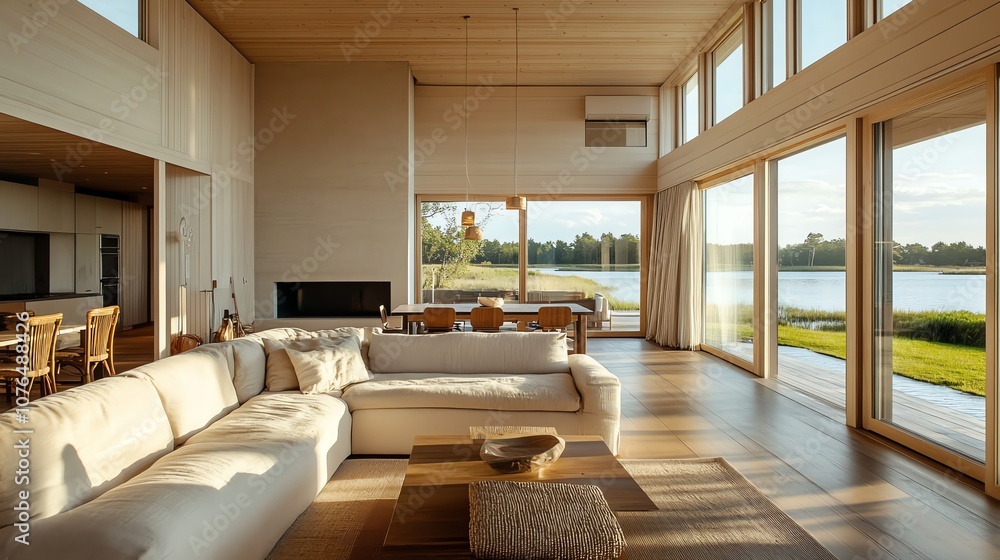 Poster a modern living room with a large sectional sofa facing a fireplace and large windows with a view of