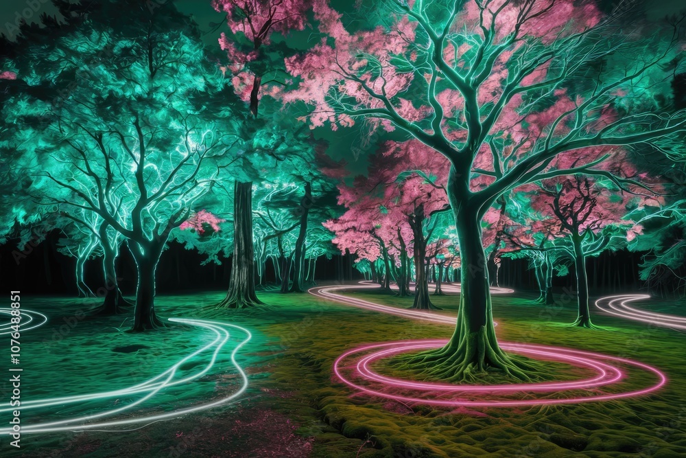 Poster a surreal forest scene with glowing trees and paths.