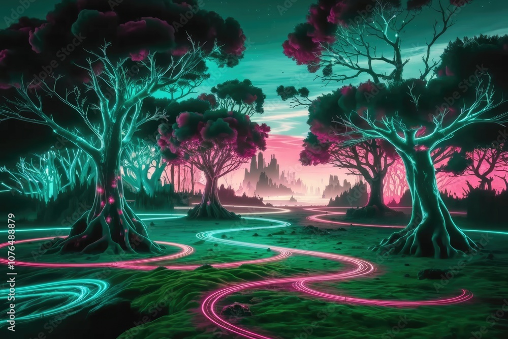 Poster A surreal forest scene with glowing paths winding through trees.