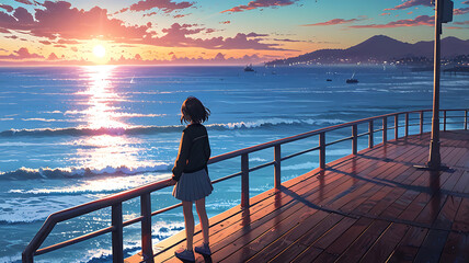 Fototapeta premium Anime Girl Standing on Ocean Pier at Dawn with Soft Pastel Sky and Calm Morning Vibes