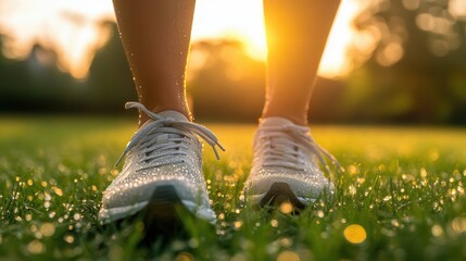 Soft focus image of a person tying their running shoes on a dewy grass field at dawn, detailed laces and shoes with a blurred backdrop