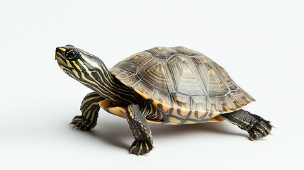 Obraz premium A small turtle with a patterned shell crawls across a white background.