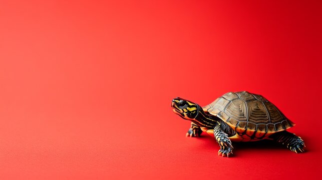 A small turtle with a patterned shell crawls on a red background.