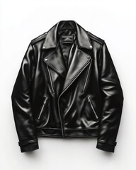 A black leather jacket with silver zippers and a black collar