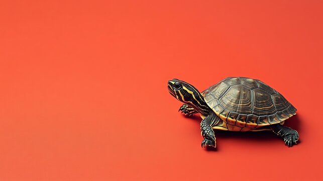 A small turtle with a patterned shell crawls across a red background.