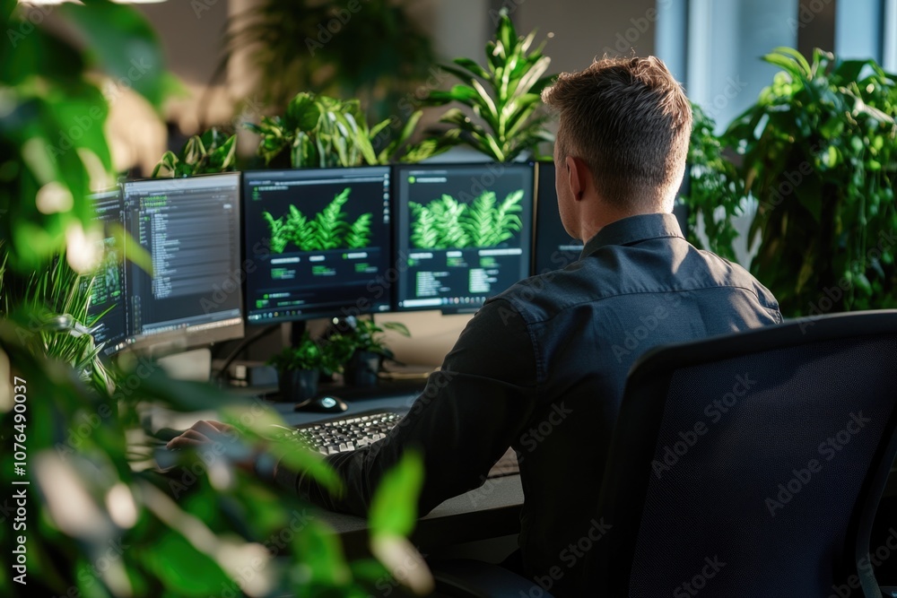 Poster a person sitting at a desk with two computer monitors, suitable for office or work environments
