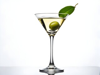 A martini glass with a green olive, isolated on a white background